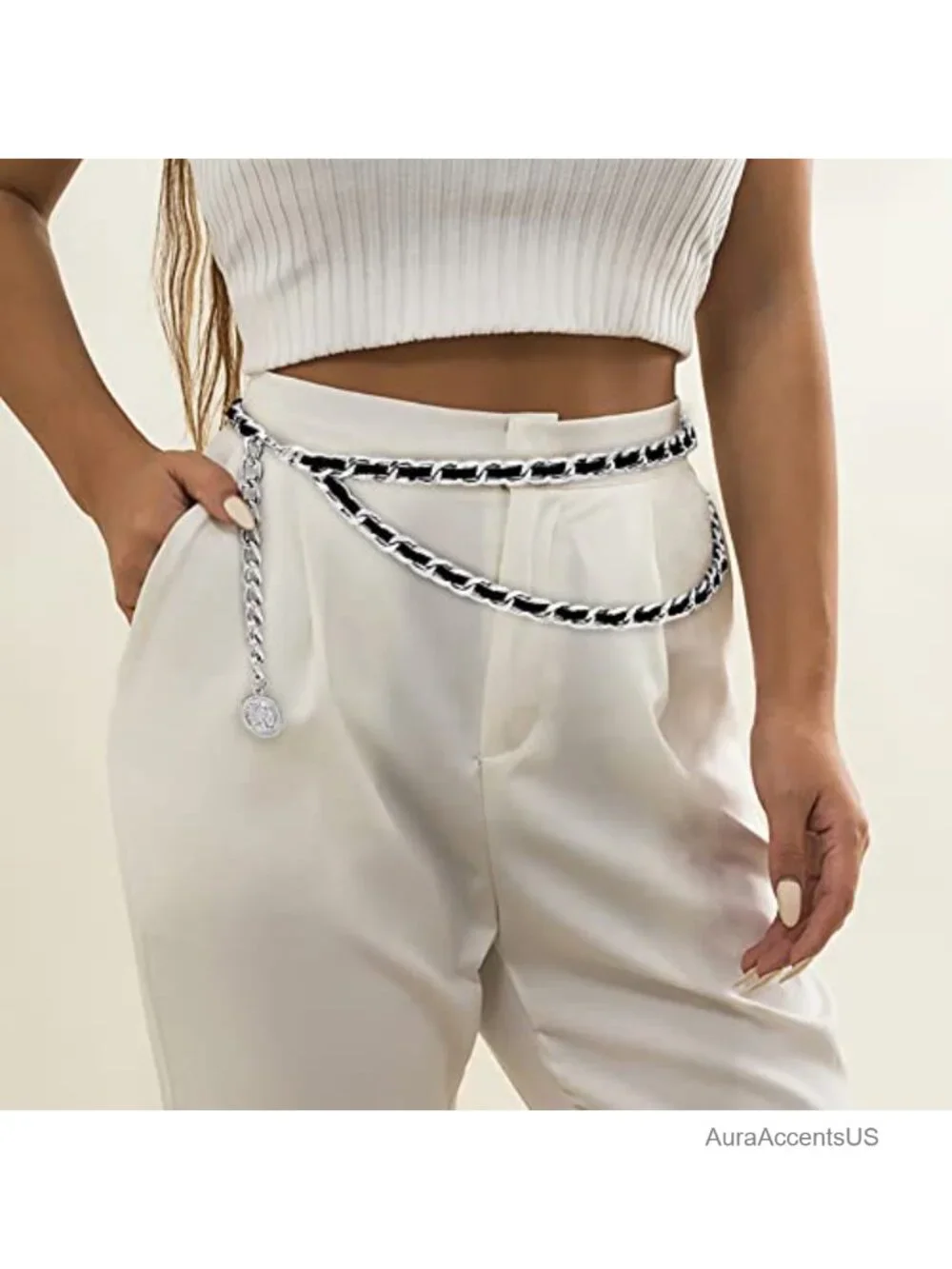 Layered Metal Waist Chain Leather Belt for Women